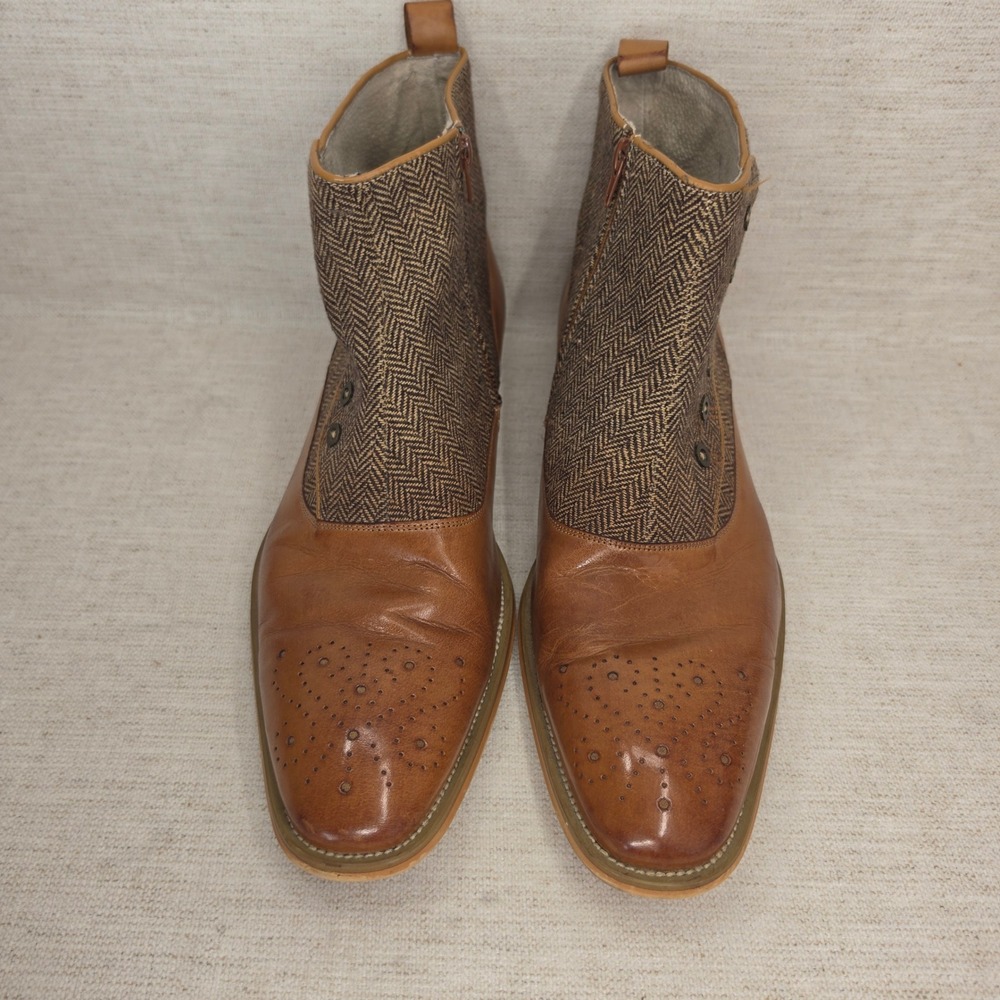 Giovanni Edison Mens Tan Leather Herringbone Tweed Brogue Ankle Boots Size 12